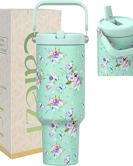 40 oz Tumbler with Handle and Straw, Vacuum Insulated Tumblers with Flip Straw and Top Handle, Reusable Insulated Cup for Home, Outdoors, Leakproof, Fits in Cup Holder, Cold for 30 Hours