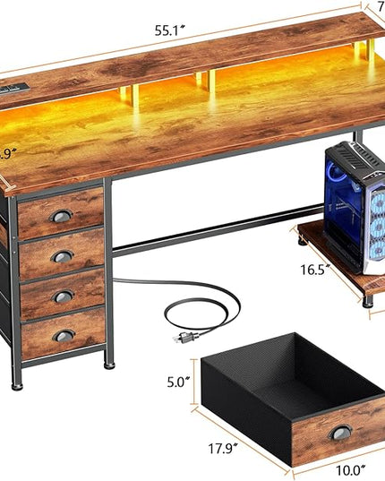Furologee 55 Inch Computer Desk Gaming with 4 Fabric Drawers with Power Outlets and LED Lights for Home Office with Full Monitor Stand and Shelf Study Table for Small Spaces Rustic Brown