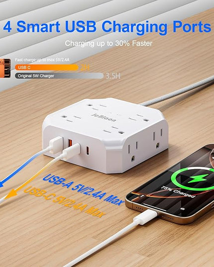 Surge Protector Power Strip, 8 Outlets with 4 USB Ports(2 USB C), 4-Sided 1050J Outlet Extender with 5FT Flat Extension Cord for Travel, Home, School, College Dorm Room Essentials