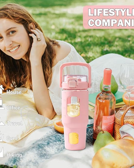 BLUEGO 32oz Glass Tumbler with Lid and Handle, Iced Coffee Cup with Straws, Glass Water Bottle with Silicone Sleeve and Volume, Marker Glass Cup with Time Marking, BPA Free, Pink
