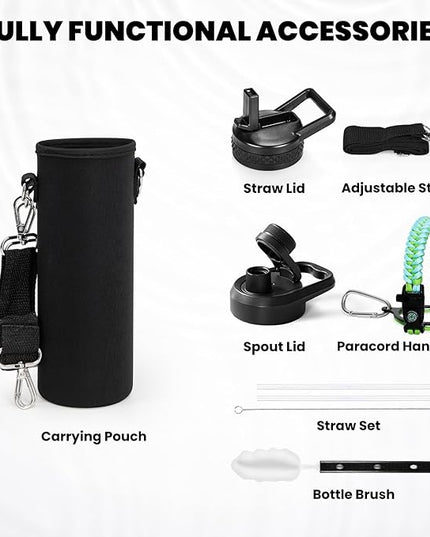 Insulated Water Bottle 24oz, Triple Wall Vacuum Stainless Steel (Cold for 48 Hrs, Hot for 24Hrs), Leak Proof & Non-BPA, 24oz Hydro Water Flask with Paracord Handle & Straw Spout Lids