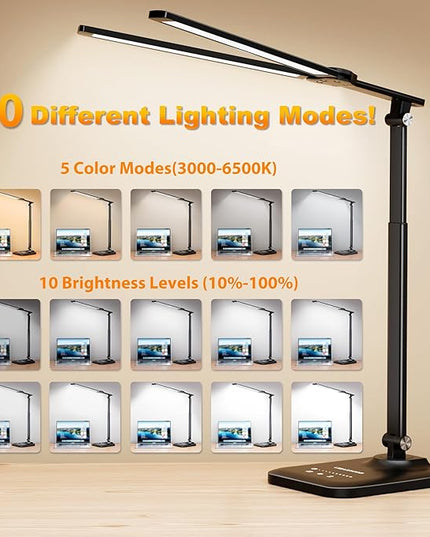 LED Desk Lamp for Office Home, Height Adjustable Architect Desk Light with USB Adapter, Stepless Dimming Desk Lamp Light for Reading, Study, Workbench