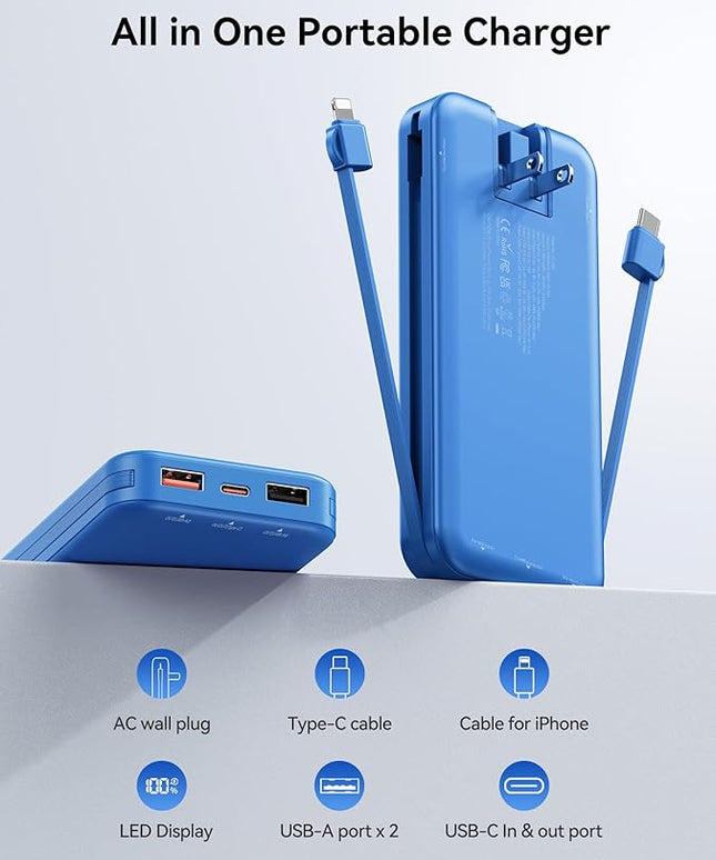12000mAh Ultra-Portable-Charger-Power-Bank with Built in Cables&AC Wall Plug,PD20W USB-C Fast Charging Cell Phone Charger Battery Pack,LED Display Travel Battery Bank for All iPhone,Samsung,Android