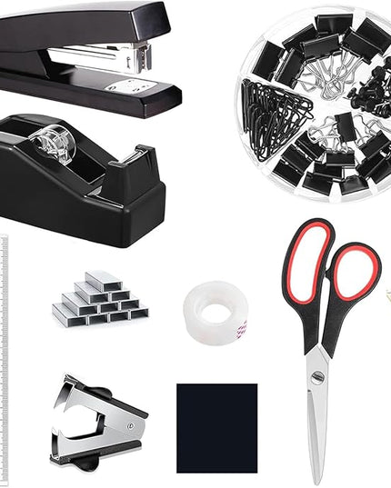 Office Supplies Set,Desk Accessories,Stapler and Tape Dispenser Set,1000 Staples,Staple Remover,Hinder Clips,Ruler,Scissor,Clear Tape,Ballpoint Pen,Sticky Notes,Gifts for Colleagues(Black)