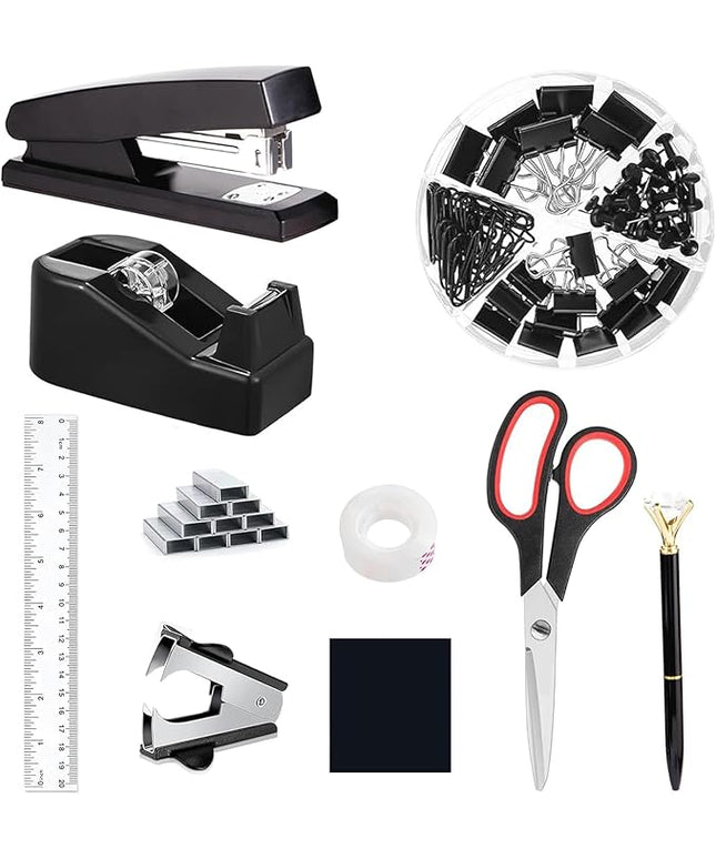 Office Supplies Set,Desk Accessories,Stapler and Tape Dispenser Set,1000 Staples,Staple Remover,Hinder Clips,Ruler,Scissor,Clear Tape,Ballpoint Pen,Sticky Notes,Gifts for Colleagues(Black)