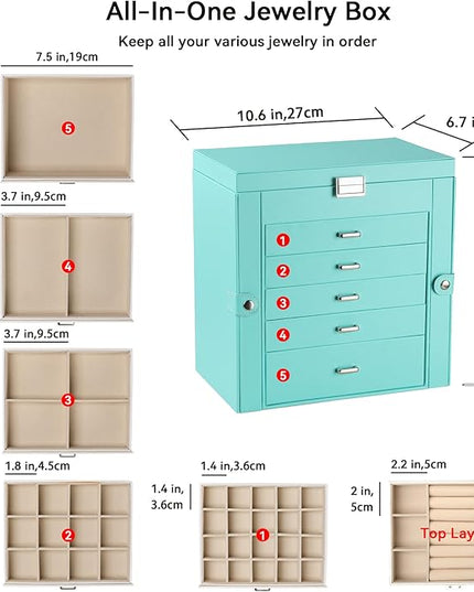 Frebeauty Large Jewelry Box,6-Tier PU Leather Jewelry Organizer,Multi-functional Storage Case with Mirror,Accessories Holder with 5 Drawers for Necklace Bracelets Watches(Turquoise)