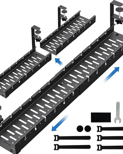 No Drilling Extendable Under Desk Cable Management, Metal Cable Management Tray Under Desk with Clamp, Retractable Power Strip Cord Holder for Wire Management 31Inch(1 Pack Black Extendable 31')