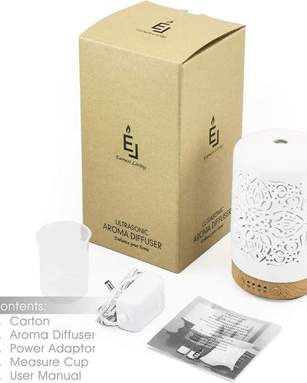 Earnest Living Essential Oil Diffuser White Ceramic Diffuser 100 ml Timers Night Lights and Auto Off Function Home Office Humidifier Aromatherapy Diffusers for Essential Oils