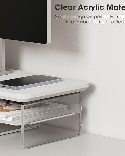 Fenge Acrylic Monitor Stand Riser, 23.6 Inches Monitor Stand with Metal Storage, 2 Tier Acrylic Computer Riser for Desk, Clear Laptop Stand for PC, Laptop, Printer, TV, White