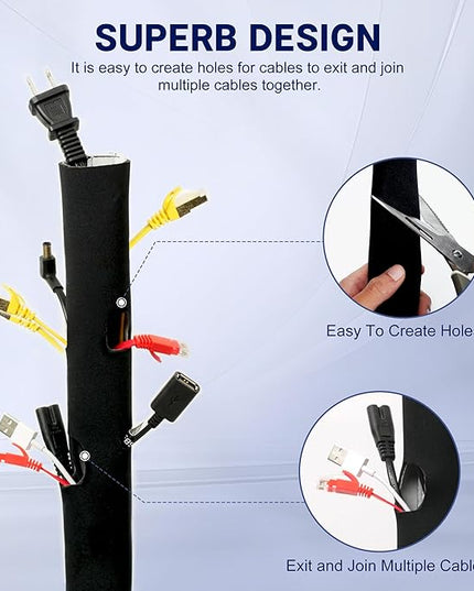 Cable Management Sleeve 6.6ft (80 inch) - 1.5 inch, Hook-and-Loop Cuttable Neoprene Cord Organizer, Split Wire Reversible Cord Protector for TV USB PC Ethernet Cable Hider Protect Pets Kids