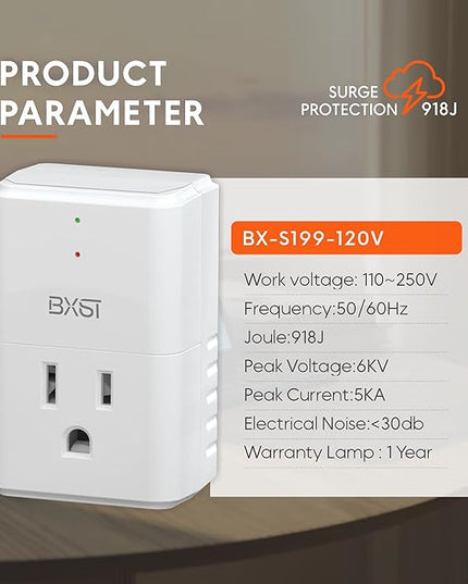 BXST 918J Single Outlet Surge Protector for Home Appliance Small Multi Function Plug with Surge Protection Wall Mount Power Suppressor for Refrigerator, TV, PC, Xbox, PS5, 120V, 1800W, 1 Pack