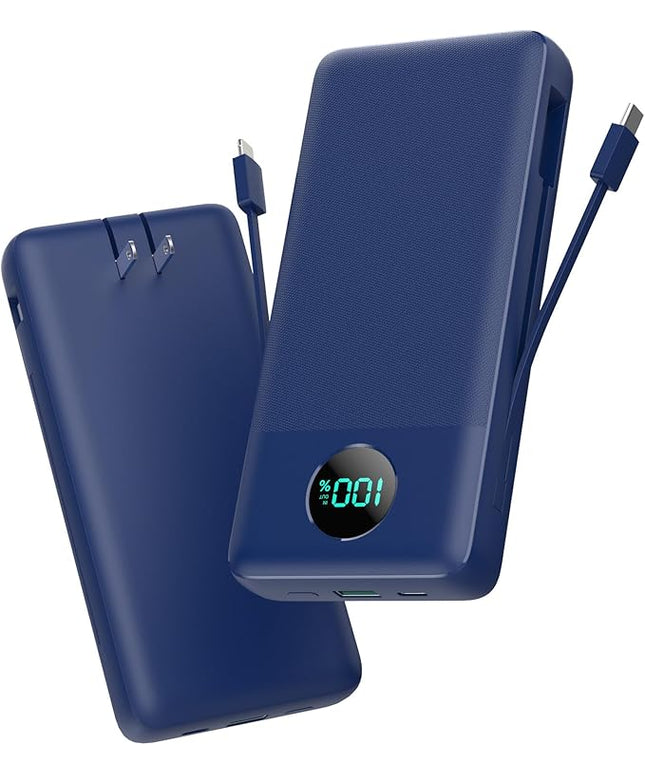 Portable Charger 33800mAh USB C Power Bank with Built-in Cables & AC Wall Plug,25W Fast Charging+QC 4.0 Phone Charger,4 Output Travel Essentials Battery Pack for iPhone16/15/14/13,Samsung,Android etc