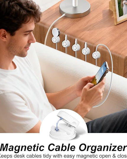 6 Pack Cord Organizer Magnetic Cable Clips, 360° Rotation Cable Clips - Adjustable Cord Holder for Nightstand, Adhesive Cable Management Cord Clips, Cable Holder & Charger Organizer（White
