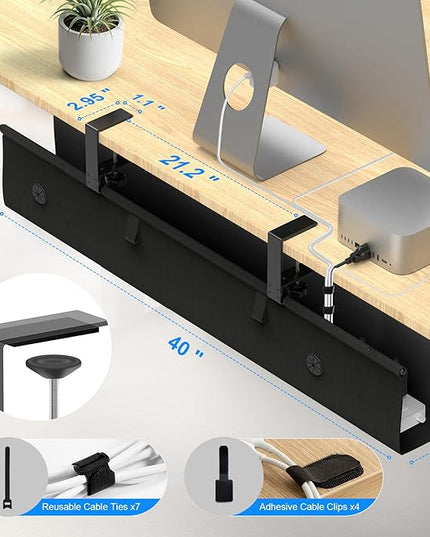 Under Desk Cable Management Tray, 40-inch No-Drill Cord Organizer with Anti-Sag Reinforced Base, Fabric Wire Management Hider for Standing Desk, Office & Gaming Accessories - Black