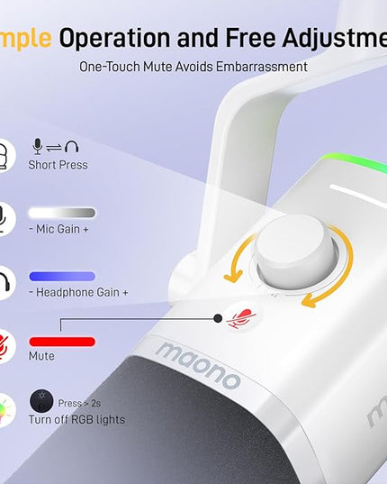 MAONO XLR/USB Gaming Microphone Kit: Dynamic PC Mic for Streaming Podcasting, Software Support, Mute Button, Gain Control, RGB Computer Mic with Boom Arm Stand, for Recording, PS4/PS5, PD100XS White