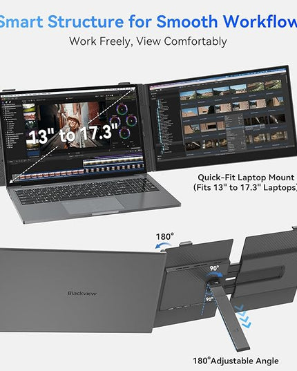 Blackview Laptop Screen Extender, 1.3lbs Ultra-Light & 0.17" Ultra-Slim, 14" FHD 1080P IPS Portable Laptop Monitor Extender, Travel Dual Monitor for 13-17",Plug & Play for Windows/Mac/Android/Switch