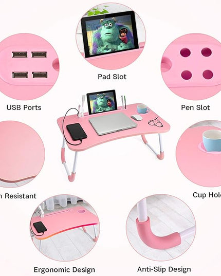 Slendor Lap Desk with Cup Holder, Foldable Laptop Table for Bed, Portable Bed Desk for Laptop and Writing, Computer Tray with Tablet Slot, Notebook Stand Reading Holder for Couch Sofa Floor,Pink