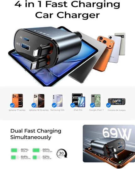 LISEN Retractable Car Charger, for Gifts for Him Her, 69W Cars Adapter USB C Fast Charger for iPhone 17-11, Car Accessories Gadgets for Men, Anniversary Birthday Gifts for Men Women, for Samsung