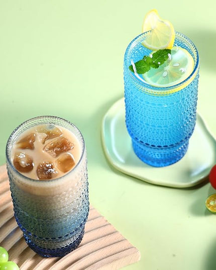 6pcs Hobnail Drinking Glasses Set, 16 oz Vintage Glassware Drinking Glasses, Gradual Blue Water Glasses Tumbler, Cups for Kitchen, Juice, Beer, Cocktail, Whiskey