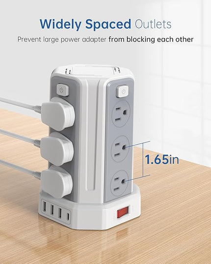 Power Strip Surge Protector, 10 Ft Extension Cord with 12 AC Multiple Outlets 4 USB (1 USB C), SMALLRT Power Tower Desktop Charging Station (White, 16.4 FT)
