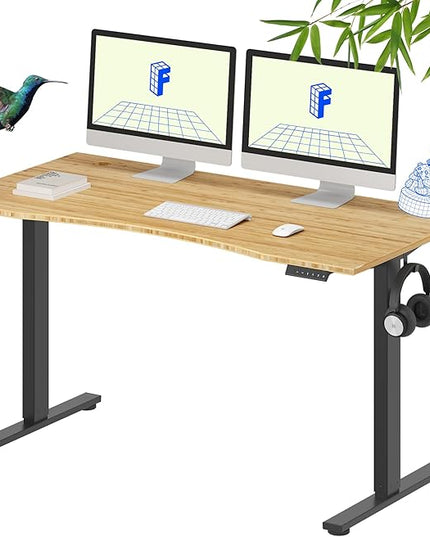 FLEXISPOT EN1 Bamboo Standing Desk, 55 x 28 Inches Whole-Piece Electric Height Adjustable Desk for Home Office (Black Frame + Bamboo Curved Desktop, 2 Packages)
