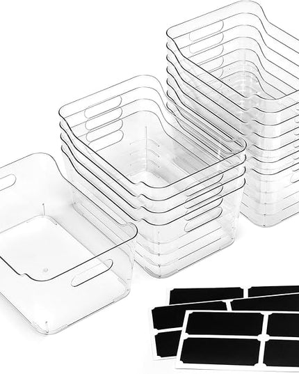12 PACK Multi-Use Clear Plastic Storage Bins for Organizing w/ Labels - Home, Kitchen, Pantry, Bathroom, Office, Cabinet Shelf Organizer Bins - SOHO Collection, RV, Fridge Organization Containers -XL