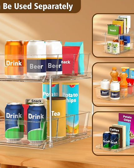 Pull-Out Home Organizers, 2 Tier Clear Bathroom Organizer with Dividers, Multipurpose Vanity Counter Tray, Kitchen, Closet Organizers and Storage Container Bins for Cabinet, Pantry