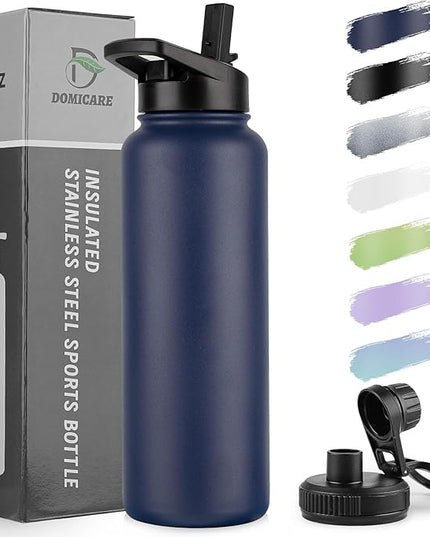 DOMICARE 40 oz Insulated Water Bottle, Vacuum Insulated Stainless Steel Sports Water Bottle with Straw Lid & Spout Lid, Leakproof, Reusable - Travel, Camping, Bike, Navy Blue