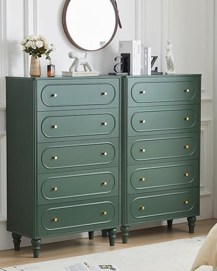 5 Drawer Fluted Dresser for Bedroom, Mid Century Modern Chest of Drawers, Wood Storage Large Dresser Organizer for Bedroom Living Room Hallway Closet, Green
