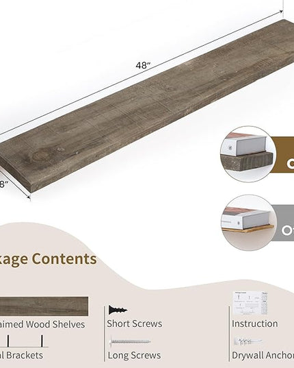48 Inch Fireplace Mantel Shelf - 8 Inch Deep Rustic Solid Reclaimed Wood Floating Shelf, Wall Mounted Farmhouse Display Shelf with Invisible Heavy Duty Metal Bracket, Set of 2, Cement Grey