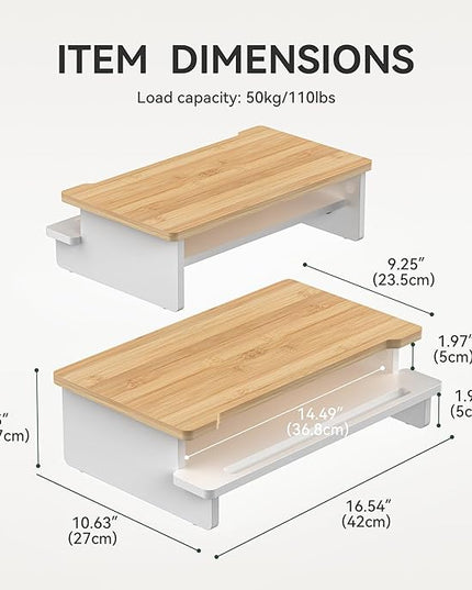 Monitor Stand Monitor Stand Riser for Desk,Wood Desk Shelf Storage Organizer with Phone Tablet Holder (16.5 Inch, White & Natural Bamboo)