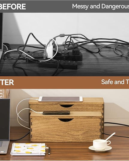 KIRIGEN Cable Management Box Wooden Cord Organizer Hide Power Strip Desk Wires Protector for Home Office TV Computer (DXH2T-DBR)