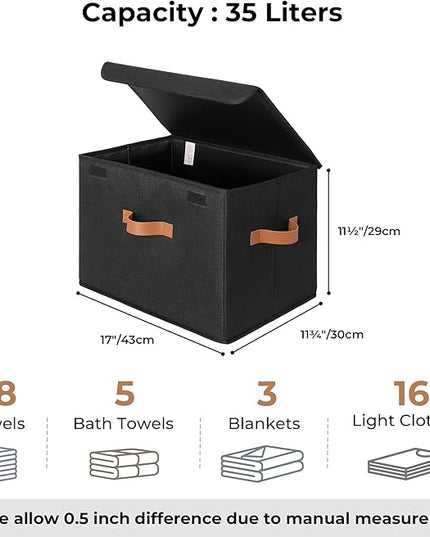GRANNY SAYS Black Storage Bins with Lids, Decorative Storage Boxes with PU Handles, Linen Closet Organizer, Storage Baskets for Shelves, Fabric Storage Bins for Clothes, Extra Large
