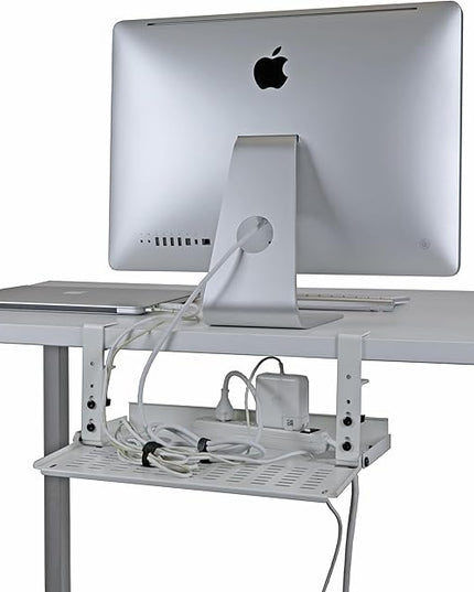 AEONS Universal Under Desk Cable Management Tray-Clamp Mount Hinged Swing Modesty Panel Organizer for Office Desks Easy Access Flip-Down position Power Strip Cord Storage No-Drill 25 lb Capacity White