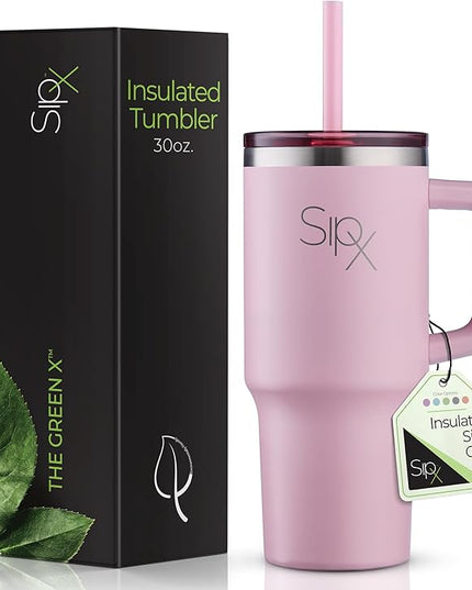 SIPX™ 30 oz Insulated Tumbler with Handle & Straw – Vacuum Insulated Stainless Steel, Leakproof, Cupholder Friendly – Perfect for Iced Coffee, Water & Travel – Pink