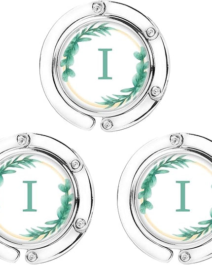 Iqimott 3pcs Personalized Initial Foldable Purse Hook for Table, Flower Letter Folding Handbag Hanger Portable Magnet Table Hook Holder, Collection Desk Purse Hooks for Women Bag (Green-I)