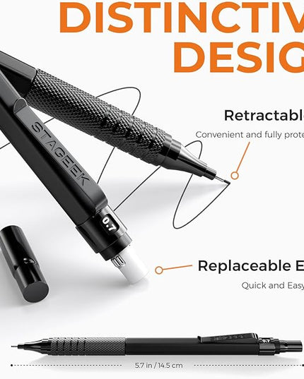 STAGEEK 35PCS Black Art Mechanical Pencil Set in Case，0.5 0.7 0.9 2.0 Graphite Metal Drawing Drafting Pencils, Sharpener Erasers 384PCS Lead Refills (6B 4B 2B HB 2H 4H Colors) for Writing Sketching