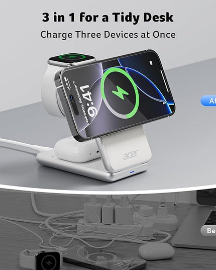 Acer 3 in 1 Charging Station for iPhone, Wireless Charger Stand,15W Fast MagSafe Charger for iPhone 17 16 15 14 13 12 Series-Apple Watch 10 9 8 7 6 5 4 3 2 SE and Ultra Series-Airpods 4 3 2 Pro Series