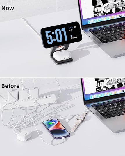 Foldable Magnetic Wireless Charger, KU XIU X40 Aluminum Alloy 3 in 1 Charging Station for Apple, Fast Magnetic Charger Stand for iPhone 17 16 15 14 13 12 Series, 5W for iWatch, AirPods 3/2/Pro, Gray