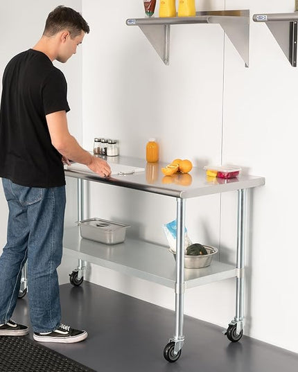 HARDURA Stainless Steel Table with Wheels 24 x 60 Inches Casters NSF Heavy Duty Commercial Work & Prep Table with Undershelf and Galvanized Legs for Restaurant Kitchen Bar and Hotel Garage