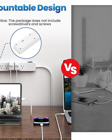 Elecan 3 Prong Power Strip with 8 FT Extension Cord, 5 AC Outlets+1 Widely Spaced Outlet, Space Saving 45 Degree Flat Plug, 14AWG 1875W 125V 15A, Wall Mountable Multi Outlet Extender, ETL, White