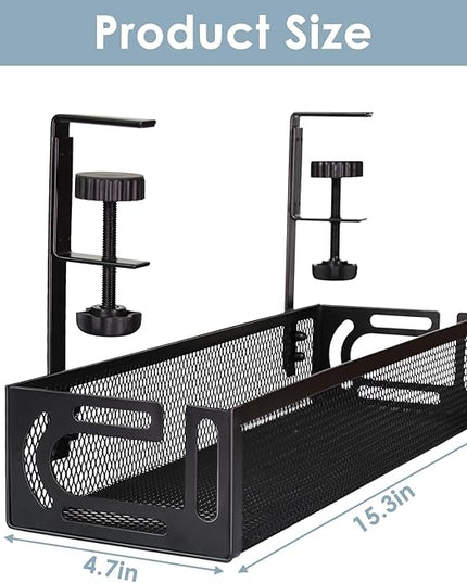 Under Desk Cable Management Tray, Cable Management Under Desk No Drill, Wire Management Tray with Clamp, Cord Organizer for Home Office, Black
