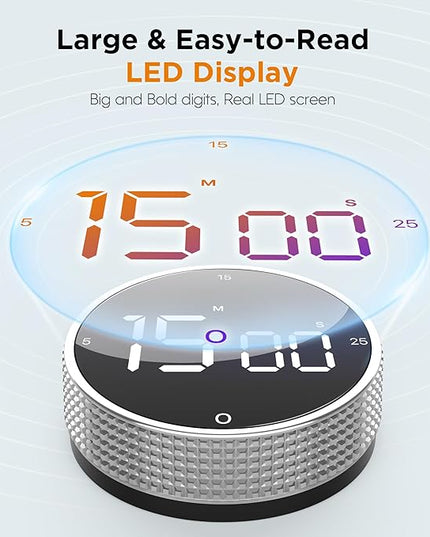 Upgrade Digital Kitchen Timer - Magnetic Countdown Countup Visual Pomodoro Timer with Large LED Display, 3-Preset Times (5, 15, 25), 3 Volume Levels, Ideal for Cooking, Baking and Fitness (2, Silver)