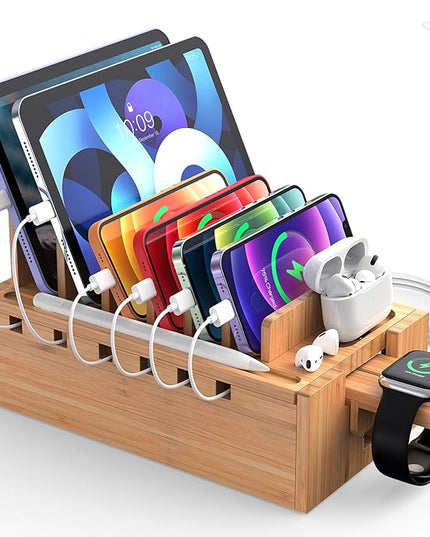 Pezin & Hulin Bamboo Charging Station for Multiple Devices with 5 Port USB Charger, 5 Cables and Watch Stand. Wood Desktop Docking Stations Organizer for Cell Phone, Tablet, Watch, Office Accessories