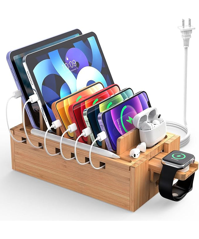 Pezin & Hulin Bamboo Charging Station for Multiple Devices with 5 Port USB Charger, 5 Cables and Watch Stand. Wood Desktop Docking Stations Organizer for Cell Phone, Tablet, Watch, Office Accessories