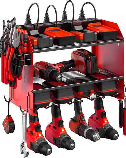 CCCEI Modular Power Tool Organizer Wall Mount with Charging Station. Garage Drill Storage Shelf with Hooks, Heavy Duty Rack, Tool Battery Holder Built in 8 Outlet. Gift for Men. Red, 2 Pack.