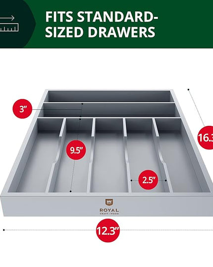 ROYAL CRAFT WOOD Luxury Bamboo Kitchen Drawer Organizer - Silverware Organizer - Utensil Holder and Cutlery Tray with Grooved Drawer Dividers for Flatware and Kitchen Utensils (7 Slot, Gray)