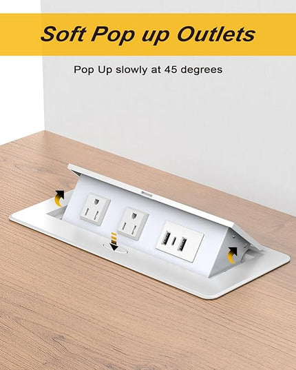 UL Listed Recessed Power Strip, Pop Up Power Cover Box Desktop Socket with USB C Charging Ports, Stainless Steel Receptacle Outlet for Conference Room Countertop (White-USB C)