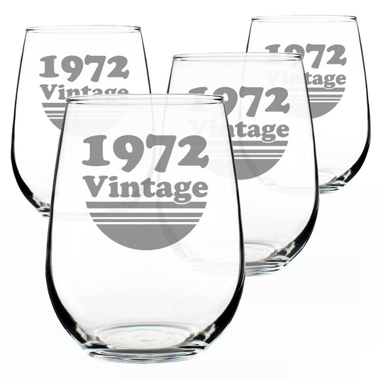 Vintage 1972 Stemless Wine Glass for 54th Birthday - 17 oz - Set of 4