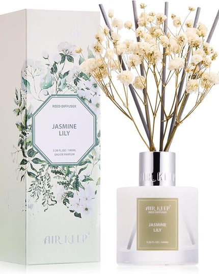 Airkeep Reed Diffuser Set, 3.38 fl oz (100 ml) - Jasmine Lily Lemon Oil Diffusers with 8 Reed Sticks, Home Fragrance Reed Diffuser for Bathroom Shelf Decor
